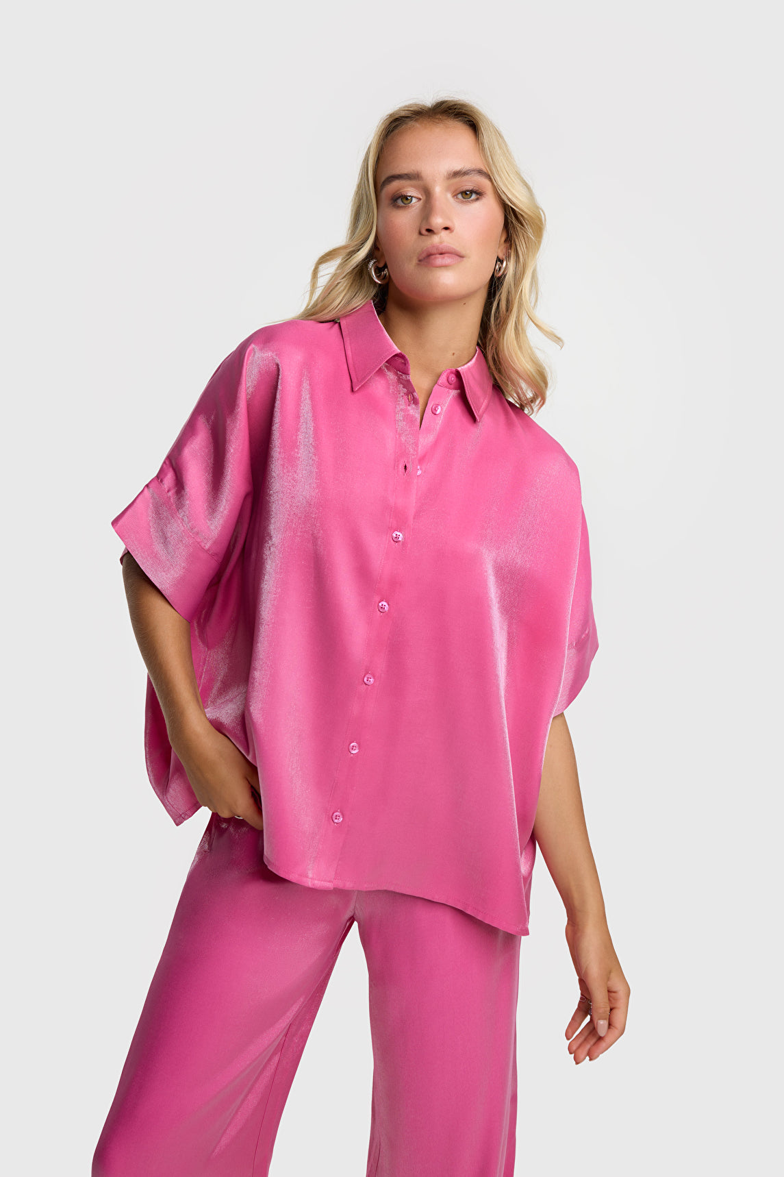 Shine Boxy Blouse- Bright Pink